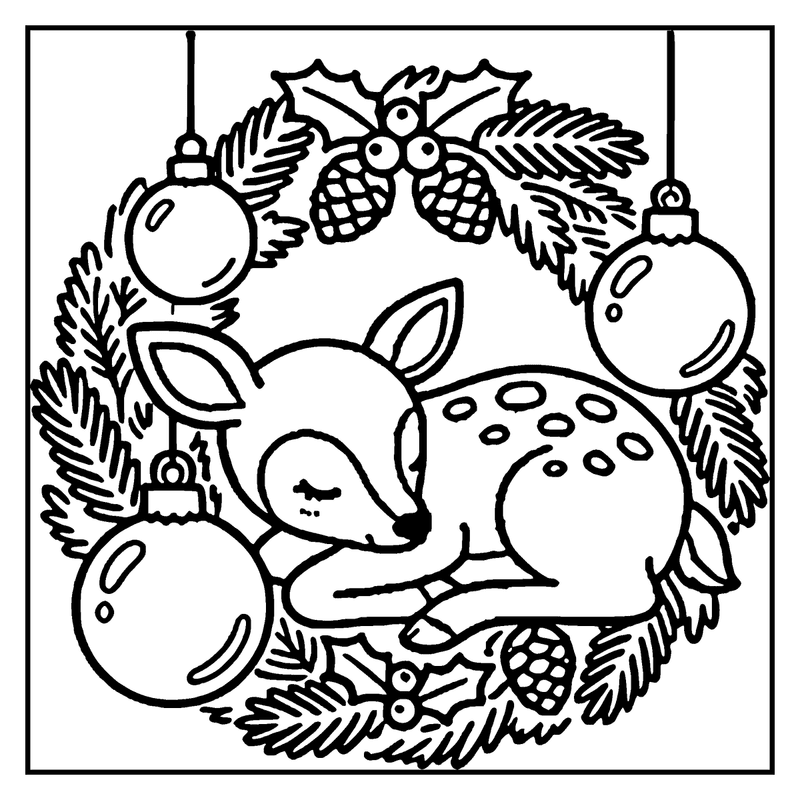 A sleeping deer in a wreath with Christmas ornaments and holly leaves
