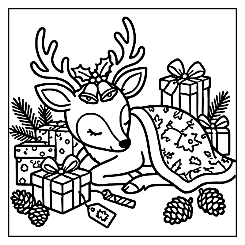 A sleeping reindeer wearing a Christmas sweater, surrounded by presents and pinecones