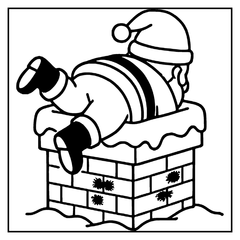 A snowman is climbing a chimney, wearing a Santa hat and black boots, a christmas coloring page