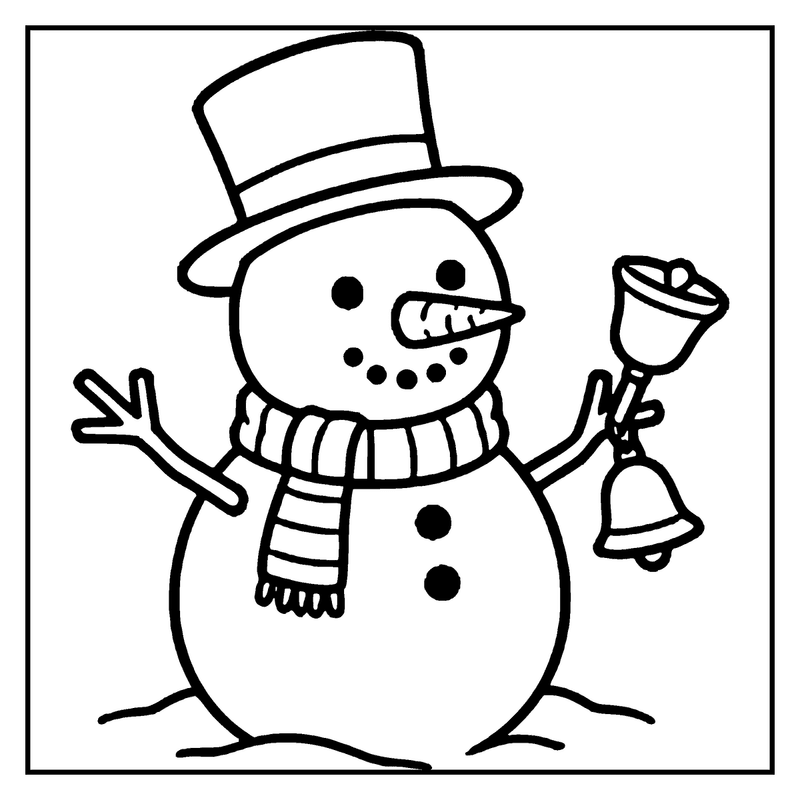 A snowman wearing a top hat and scarf holds a bell, waving with one hand, a christmas coloring page