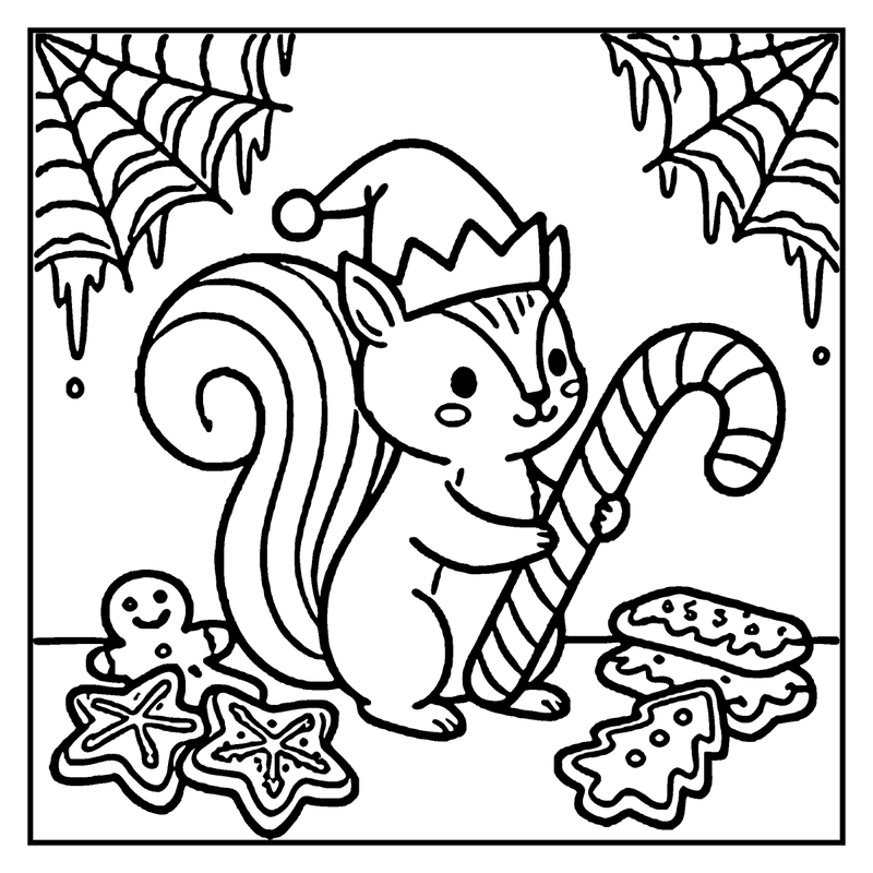 A squirrel wearing a party hat holds a candy cane, surrounded by Halloween-themed treats and cobwebs, a christmas coloring page