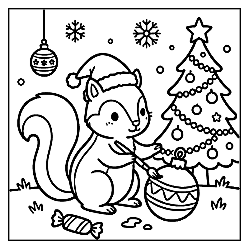 A squirrel wearing a Santa hat is decorating a Christmas tree with ornaments