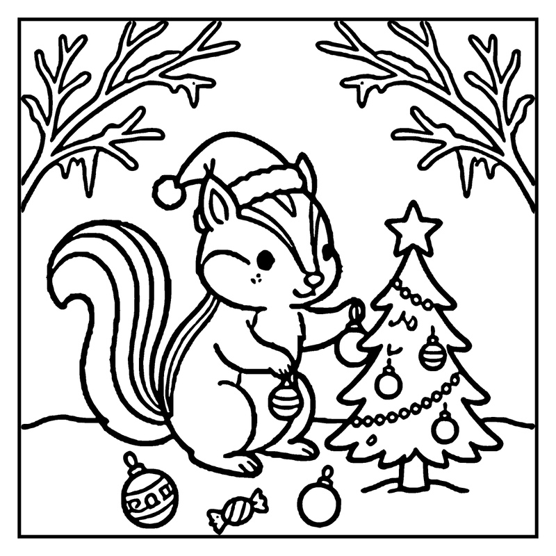 A squirrel wearing a Santa hat is decorating a Christmas tree with ornaments and candy