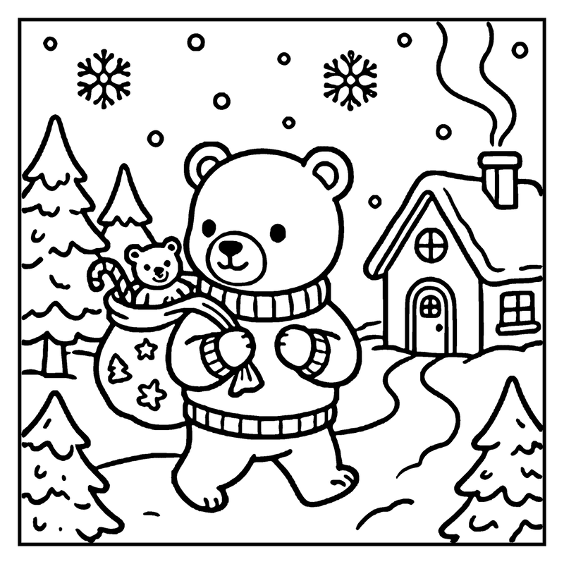 A teddy bear in winter clothing holds a small teddy bear and a candy cane, standing outside a cozy house with a chimney, a christmas coloring page