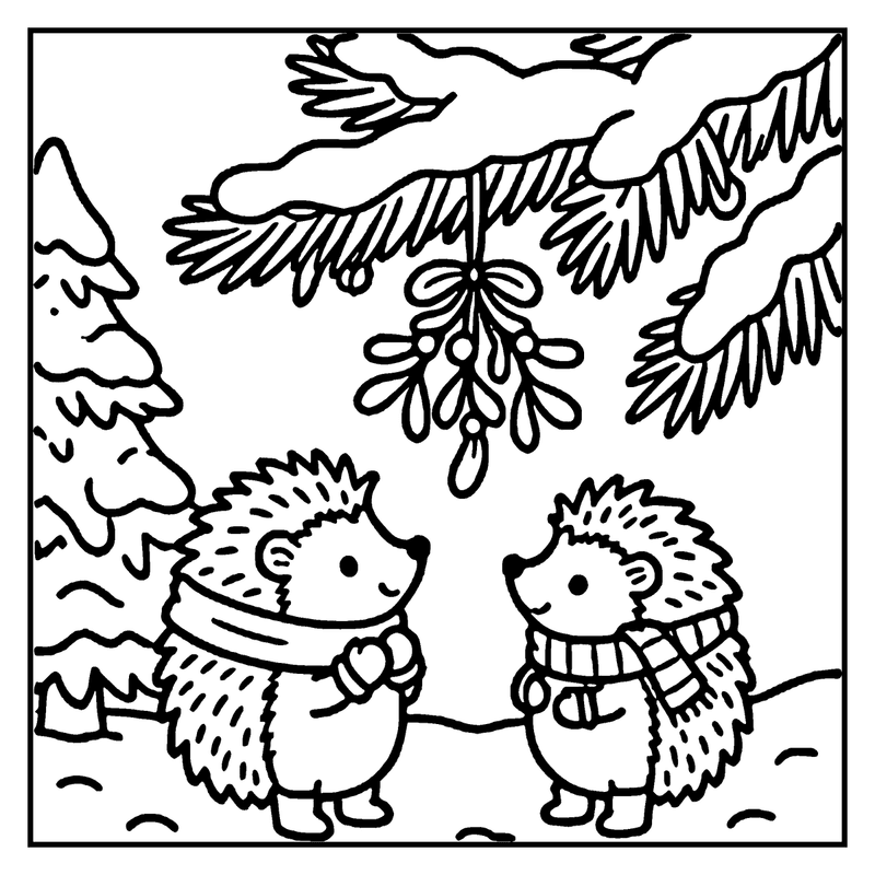 Two hedgehogs wearing scarves and mittens are standing under a snowy tree, sharing a warm embrace, a christmas coloring page