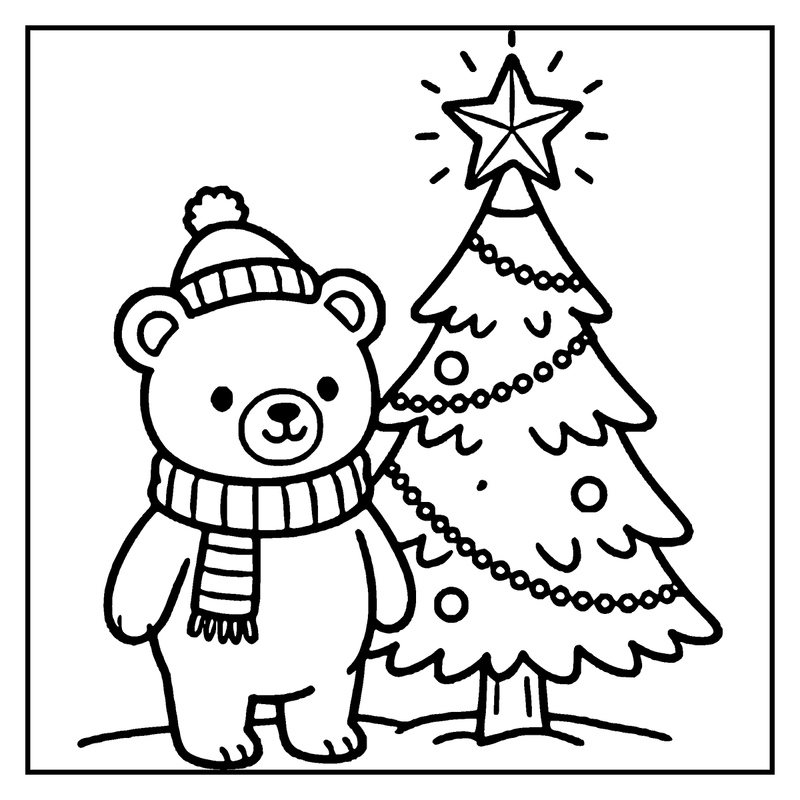 A bear wearing a hat and scarf stands next to a decorated Christmas tree, a christmas tree coloring page