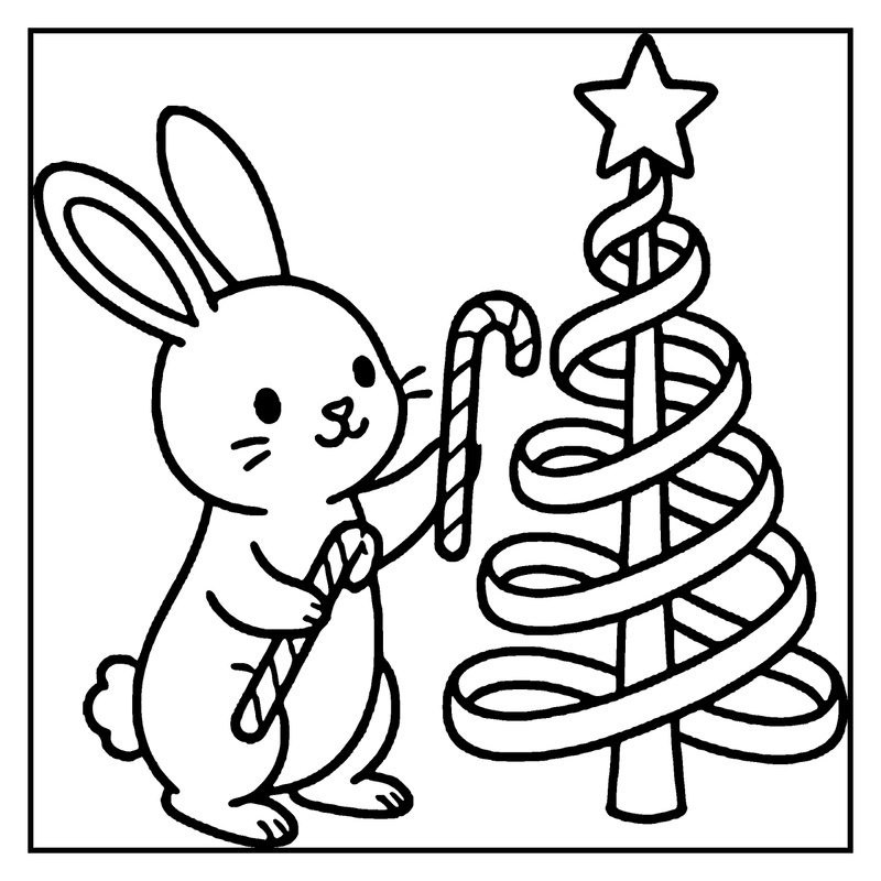 A bunny is holding a candy cane, standing next to a spiral candy tree with a star on top, a christmas tree coloring page
