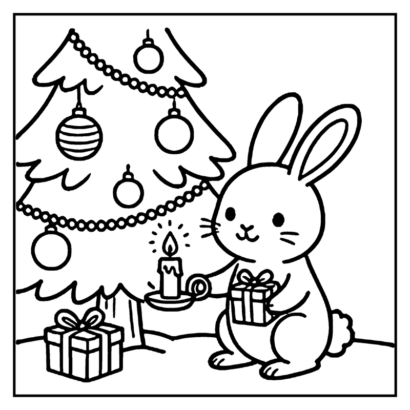 A bunny sits by a Christmas tree, holding a gift and a candle, with presents nearby, a christmas tree coloring page