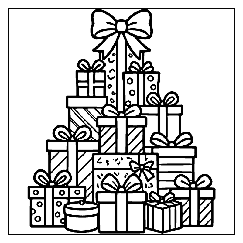 Christmas presents stacked in the shape of a Christmas tree, with a bow on top instead of a star, a christmas tree coloring page