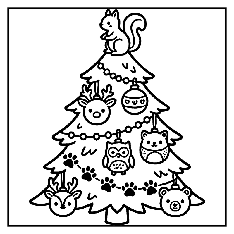 A Christmas tree decorated with cute animal ornaments and a squirrel on top, a christmas tree coloring page
