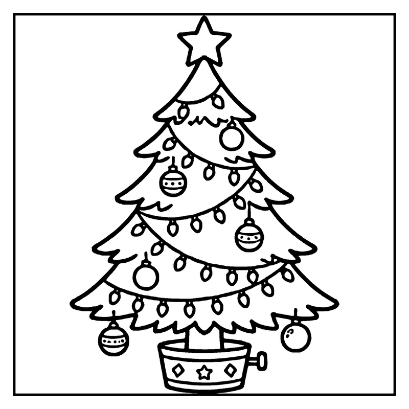 A Christmas tree in a decorated pot, with string lights, round baubles and a star on top, a christmas tree coloring page