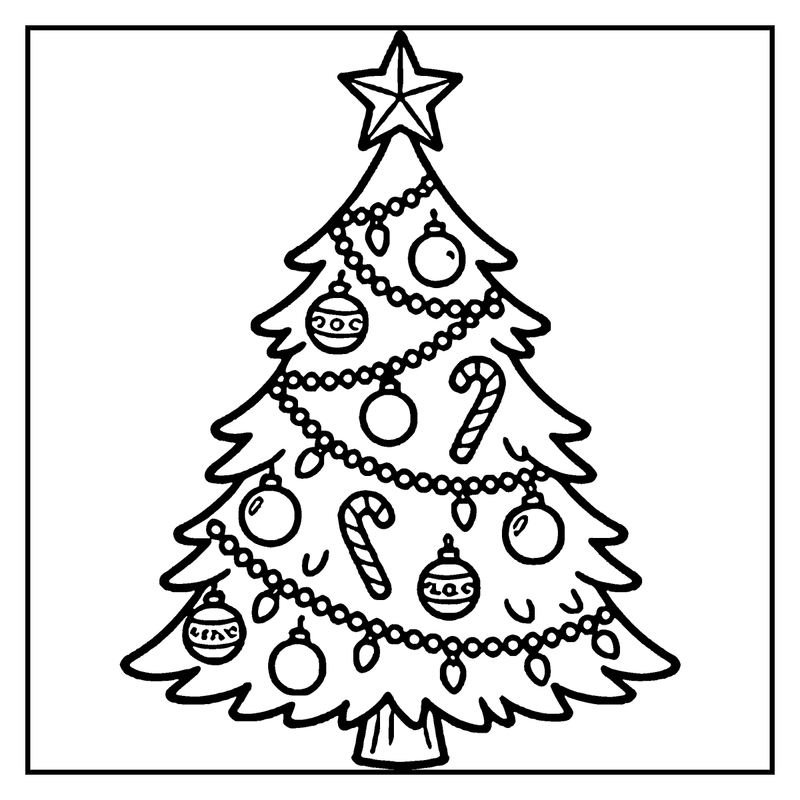A Christmas tree with beaded garlands, candy canes, baubles and a star on top, a christmas tree coloring page