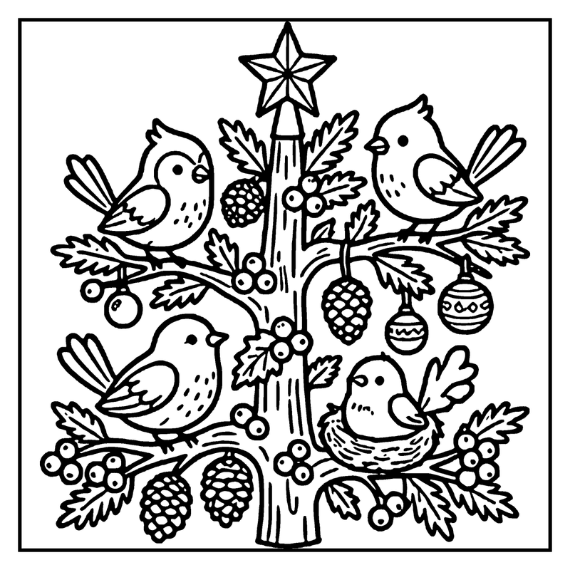 A Christmas tree with birds, berries, pinecones, and ornaments, topped with a star, a christmas tree coloring page