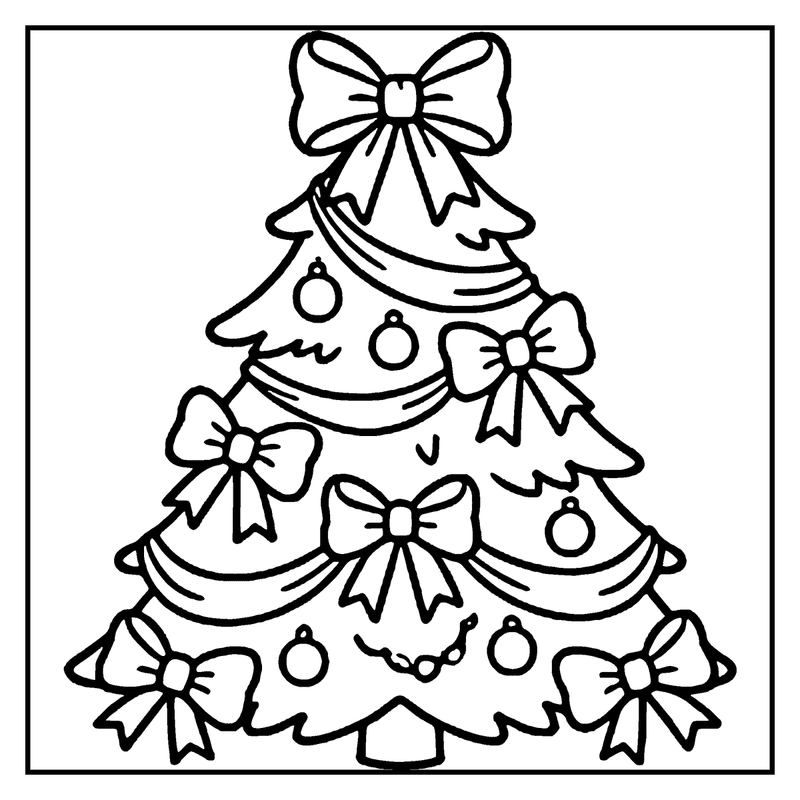 A Christmas tree with bows and ornaments, decorated for the holiday season, a christmas tree coloring page