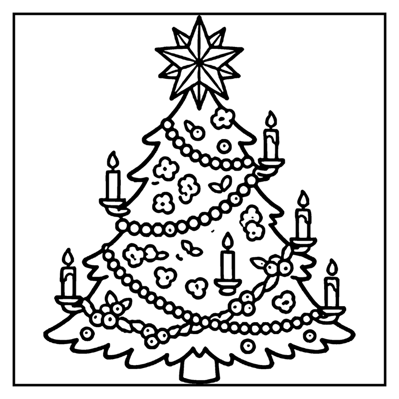 A Christmas tree with candles, ornaments, and a star on top, a christmas tree coloring page
