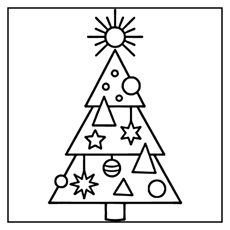 A Christmas tree with geometric ornaments and a sun-shaped star on top, a christmas tree coloring page