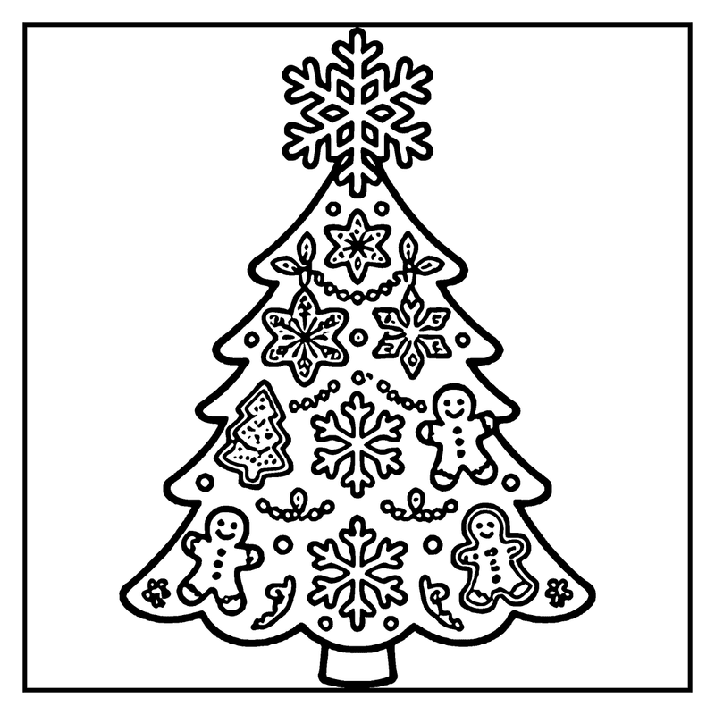 A Christmas tree with gingerbread men and snowflakes, decorated for the holiday season, a christmas tree coloring page
