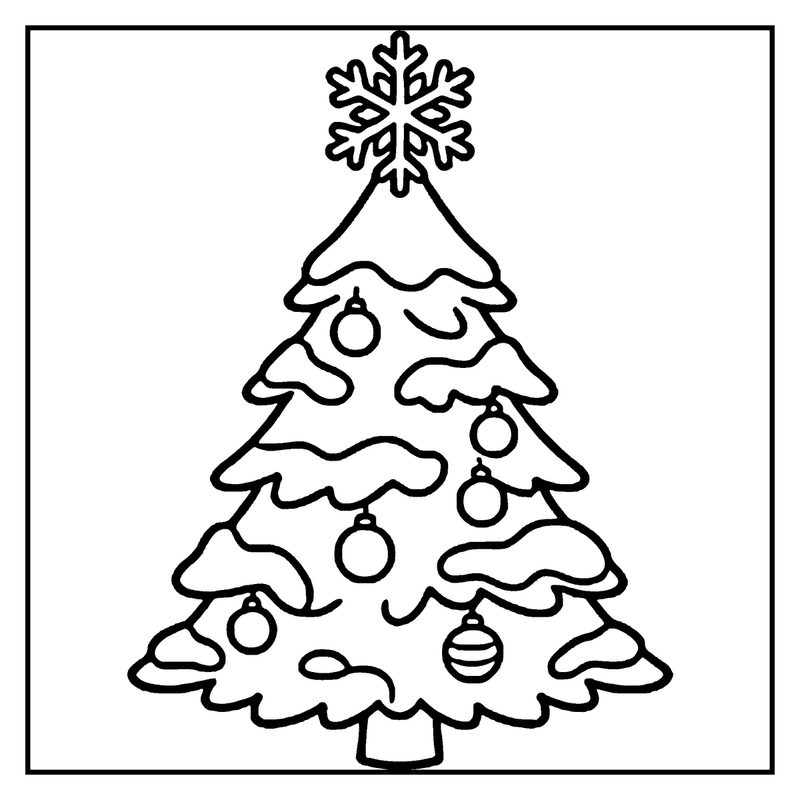 A Christmas tree with ornaments and a snowflake on top, a christmas tree coloring page