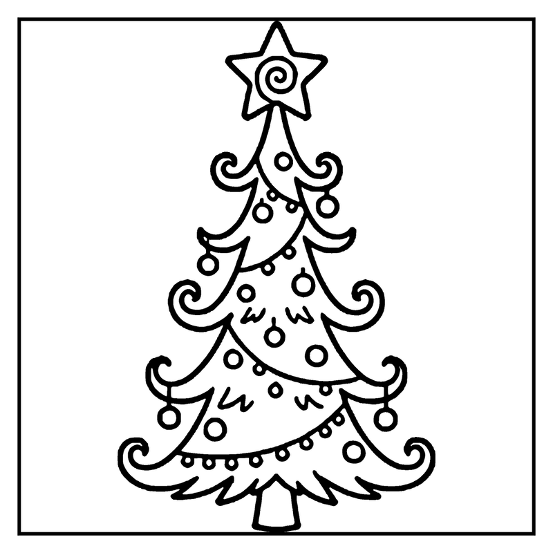 A Christmas tree with ornaments and a star on top, a christmas tree coloring page