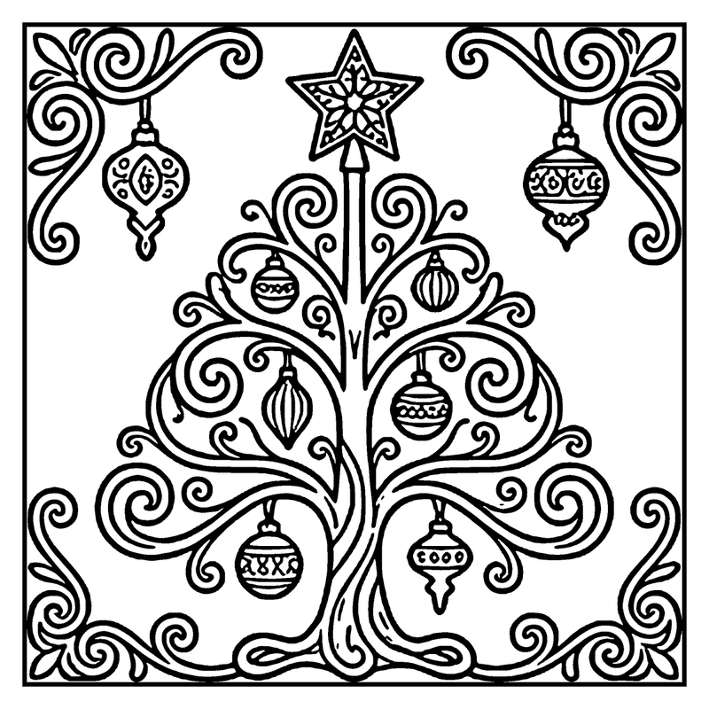 A Christmas tree with ornaments and a star on top, decorated with intricate swirls, a christmas tree coloring page