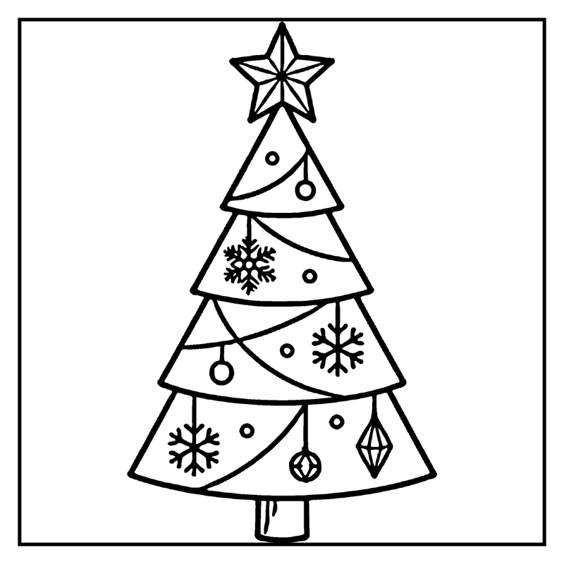 A Christmas tree with snowflakes and a star on top, a christmas tree coloring page