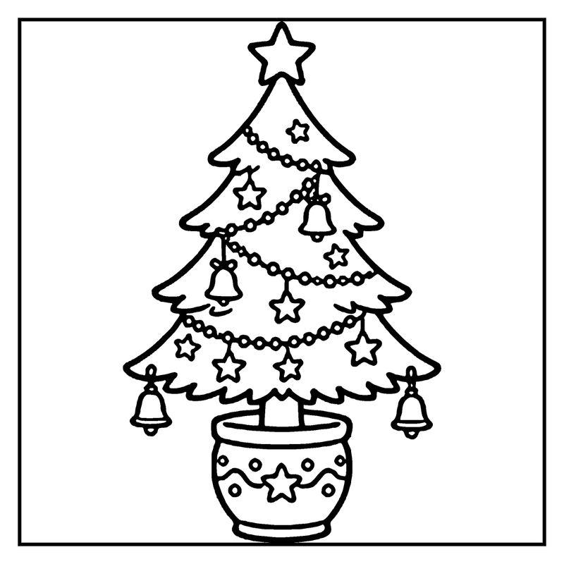 A Christmas tree with stars, bells, and a star on top, in a decorated pot, a christmas tree coloring page