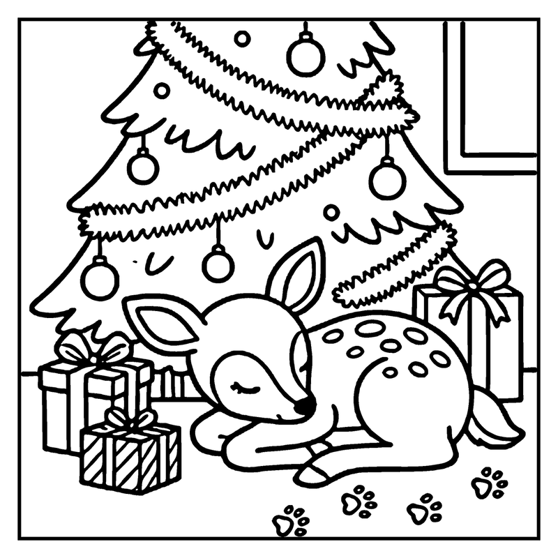A cute deer is sleeping next to a decorated Christmas tree and presents, a christmas tree coloring page