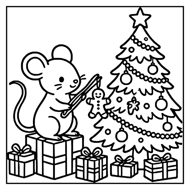 A cute mouse decorating a Christmas tree with ornaments and presents, a christmas tree coloring page
