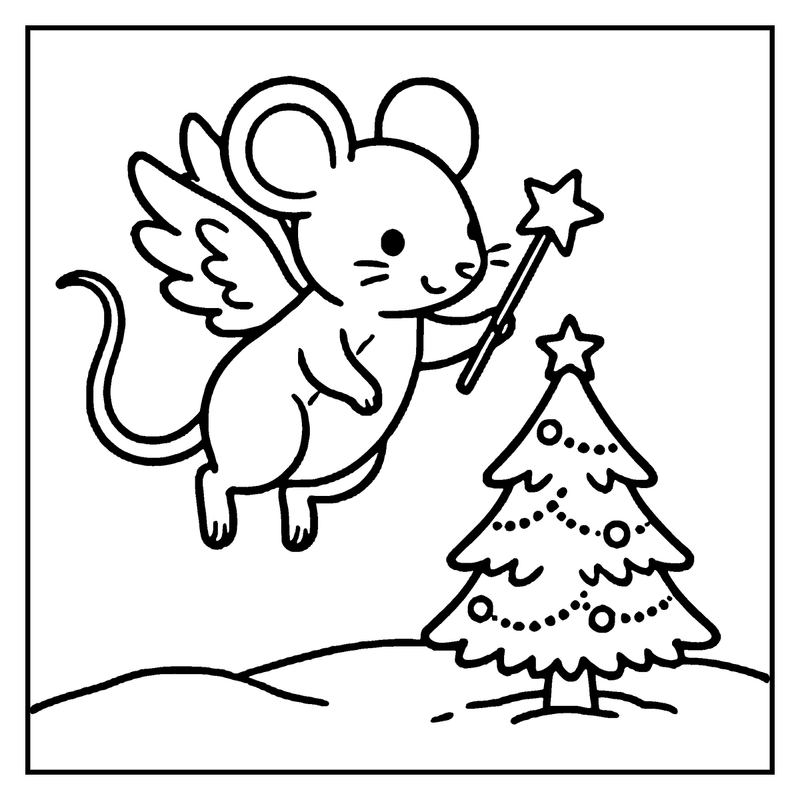 A cute mouse with wings is flying next to a decorated Christmas tree, a christmas tree coloring page