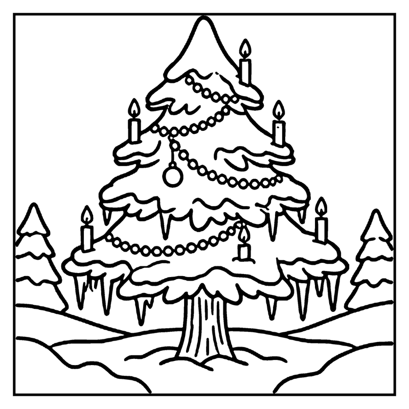 A decorated Christmas tree with candles, ornaments, and icicles stands in a snowy landscape, a christmas tree coloring page