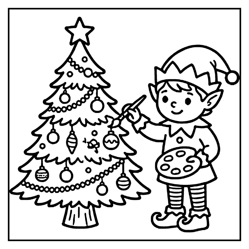 Elf decorating a Christmas tree, holding a paint palette, wearing striped pants and elf hat, a christmas tree coloring page