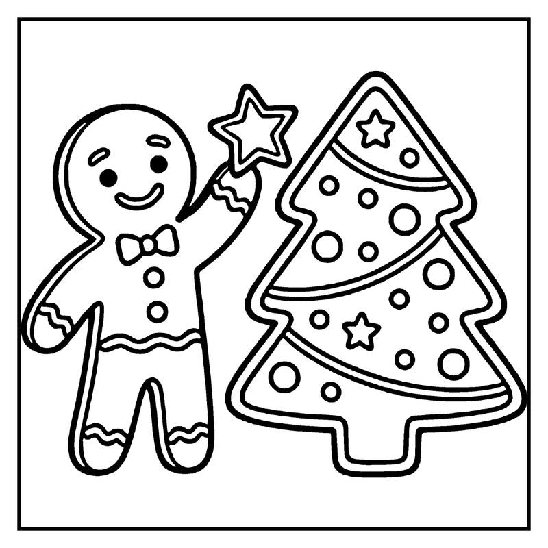 A gingerbread man is decorating a Christmas tree with a star, a christmas tree coloring page