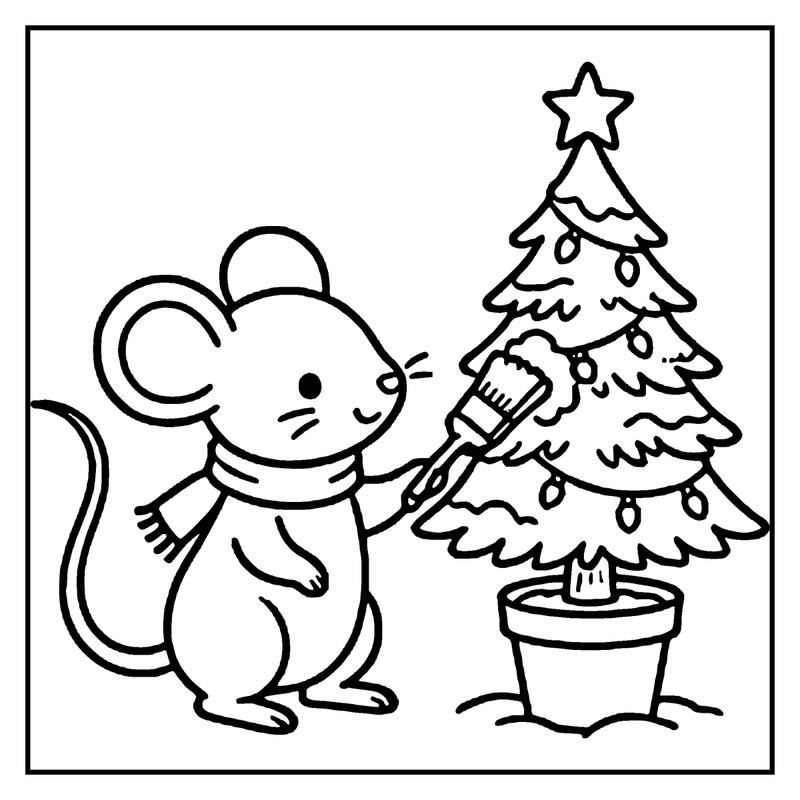 A mouse wearing a scarf is painting a Christmas tree with a star on top, a christmas tree coloring page