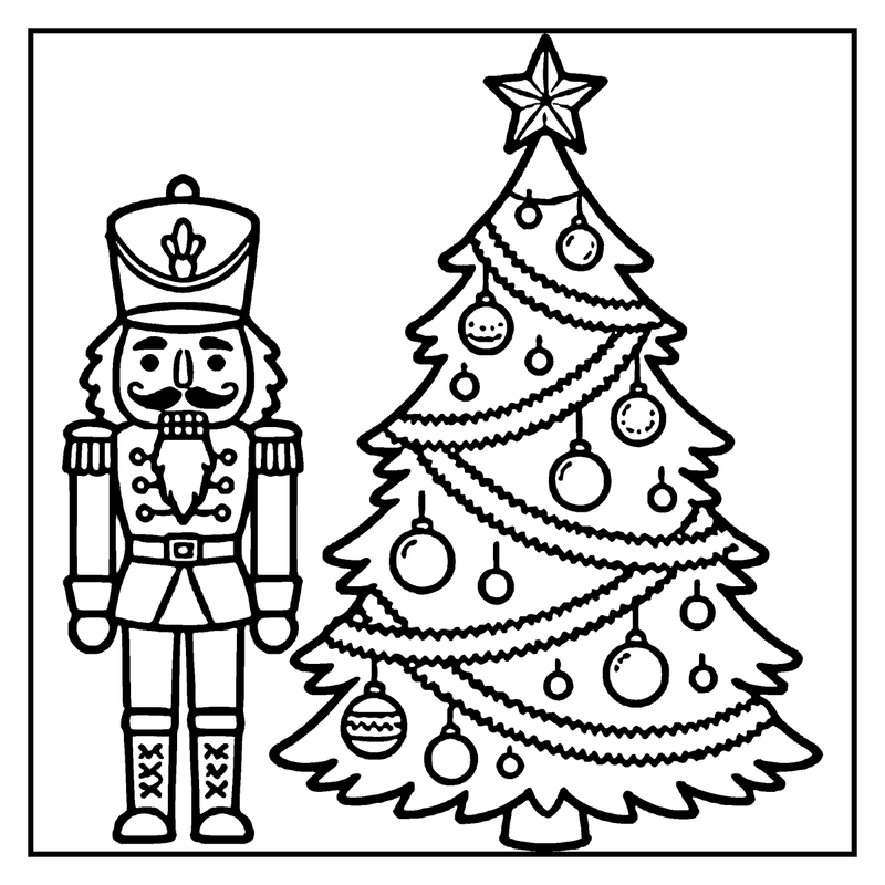 A nutcracker stands next to a decorated Christmas tree, both in black and white, a christmas tree coloring page
