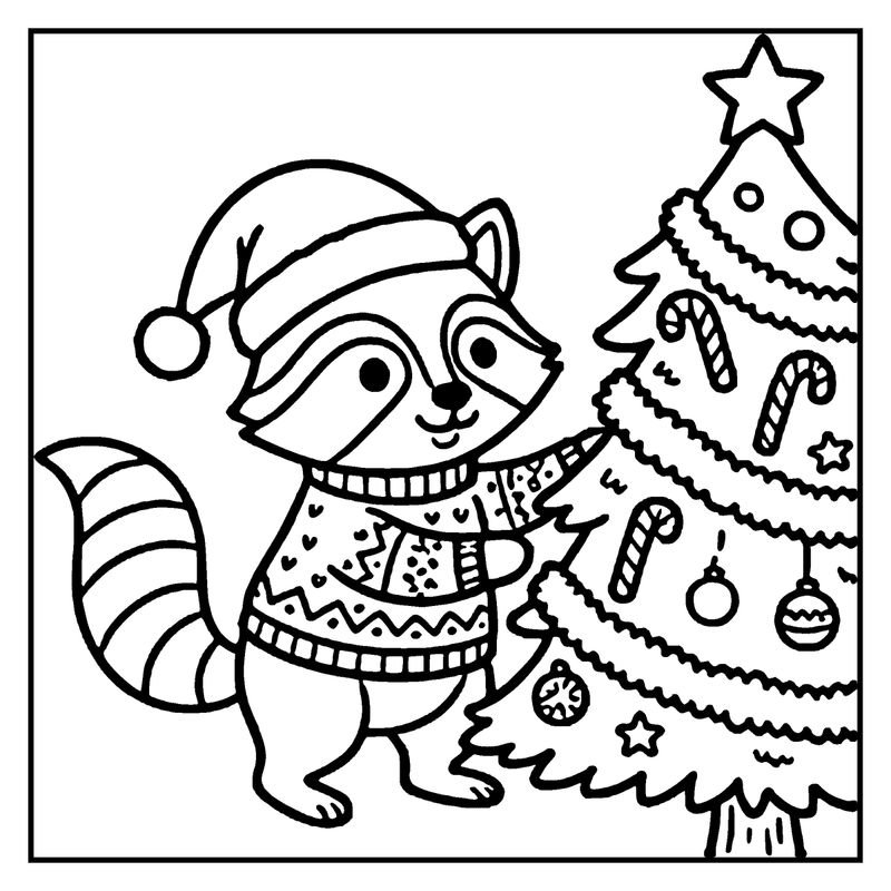 A raccoon in a Santa hat and a patterned sweater reaches up to a Christmas tree topped with a star, a christmas tree coloring page