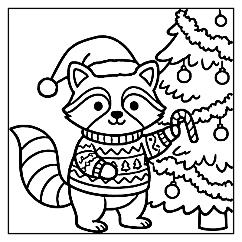 A raccoon in a Santa hat hangs a candy cane on a Christmas tree strung with garlands, a christmas tree coloring page