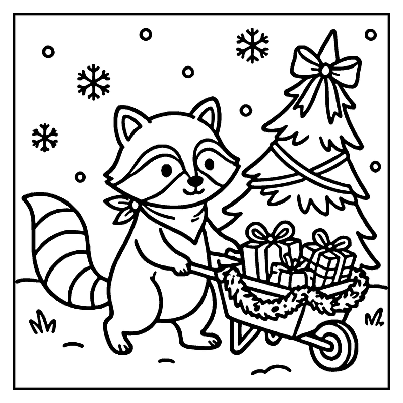 A raccoon is pulling a wheelbarrow filled with Christmas presents and a decorated Christmas tree, a christmas tree coloring page