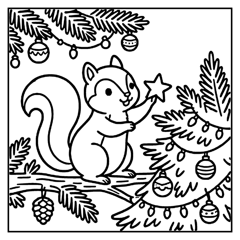 A squirrel is decorating a Christmas tree with ornaments and a star, a christmas tree coloring page