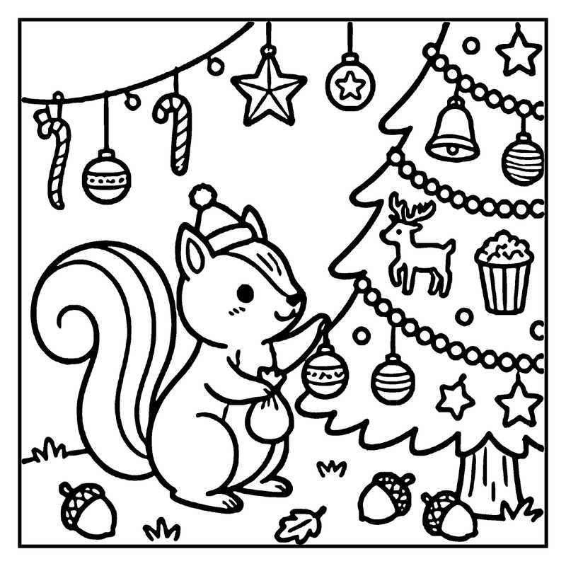 A squirrel wearing a hat is decorating a Christmas tree with ornaments and stars, a christmas tree coloring page
