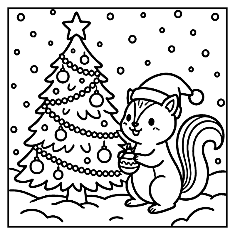 A squirrel wearing a Santa hat is holding a Christmas ornament next to a decorated Christmas tree, a christmas tree coloring page