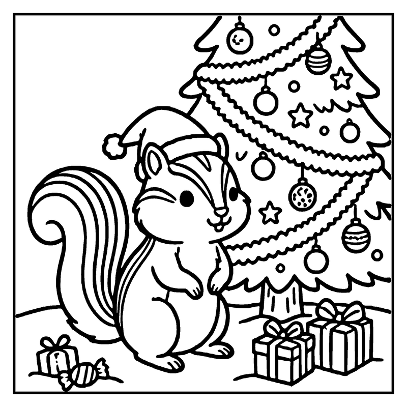 A squirrel wearing a Santa hat is standing next to a Christmas tree with ornaments and presents, a christmas tree coloring page