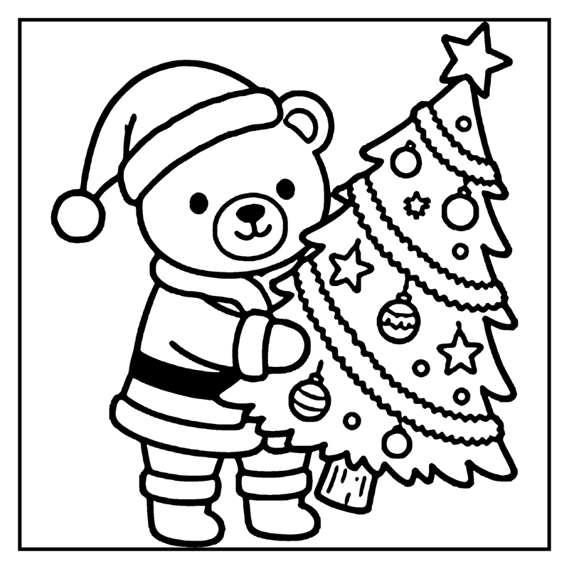 A teddy bear in a Santa hat stands next to a decorated Christmas tree, holding a star ornament, a christmas tree coloring page