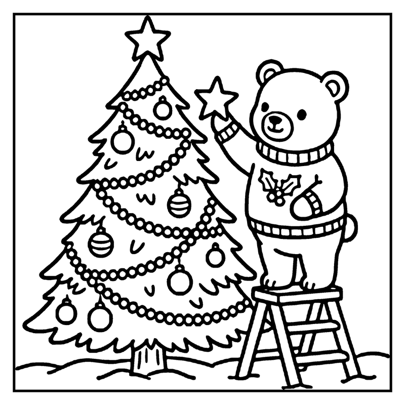 A teddy bear in a sweater decorating a Christmas tree with ornaments and a star, a christmas tree coloring page