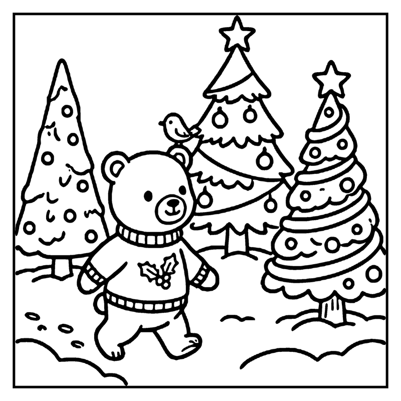 A teddy bear in a sweater stands next to two decorated Christmas trees in a snowy landscape, a christmas tree coloring page