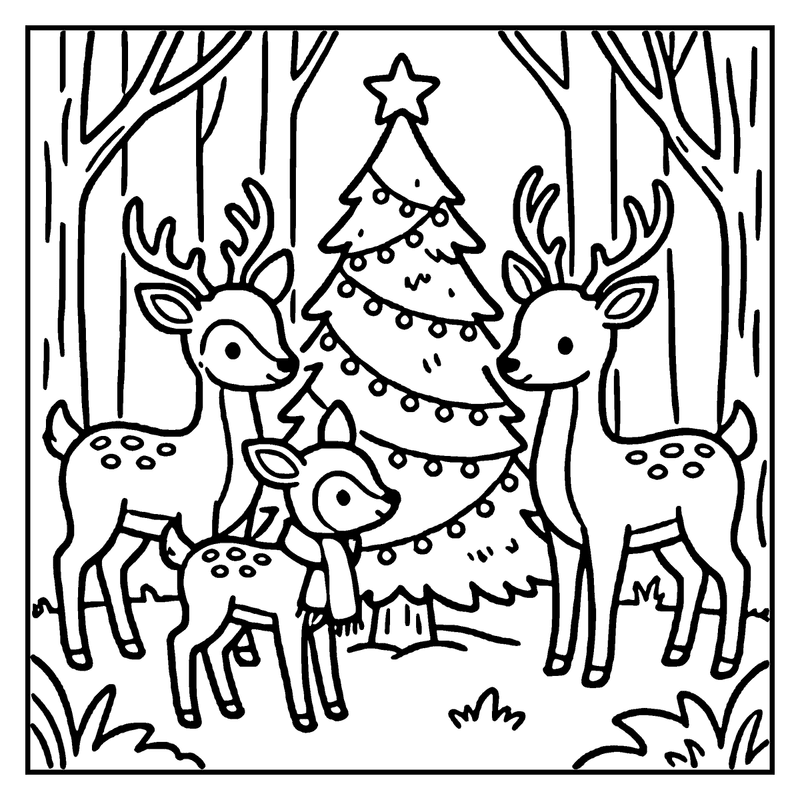 Three deer stand in a forest, one wearing a scarf, near a decorated Christmas tree, a christmas tree coloring page
