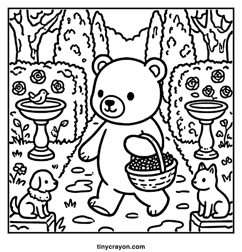 A bear holding a basket of berries stands in a garden with two dogs and a birdbath, a cozy coloring page