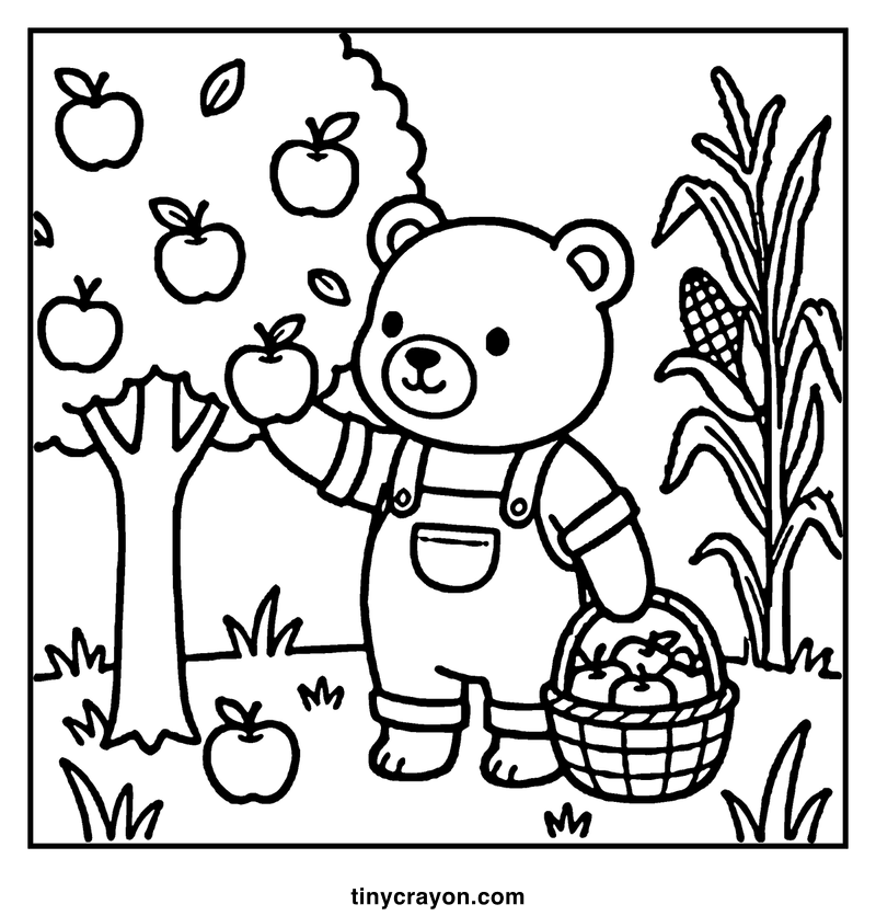 A bear in overalls picks apples from a tree, with a basket of apples nearby, a cozy coloring page