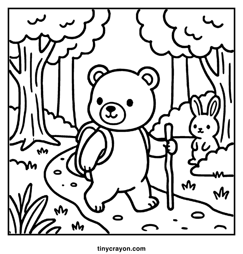 A bear is hiking in the woods, holding a stick and smiling, with a rabbit nearby, a cozy coloring page