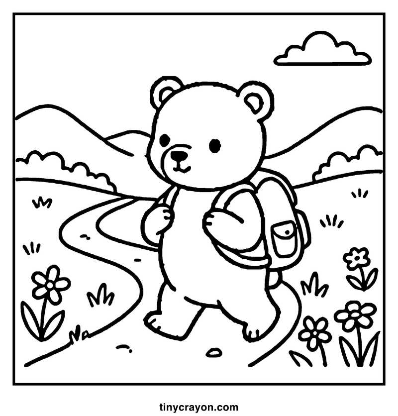A bear is hiking on a winding path with flowers and a backpack, a cozy coloring page
