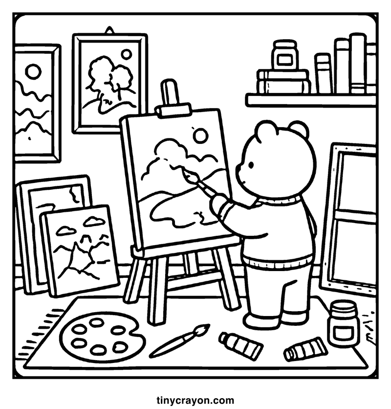 A bear is painting a cloud on an easel in a cozy room with books and art supplies, a cozy coloring page